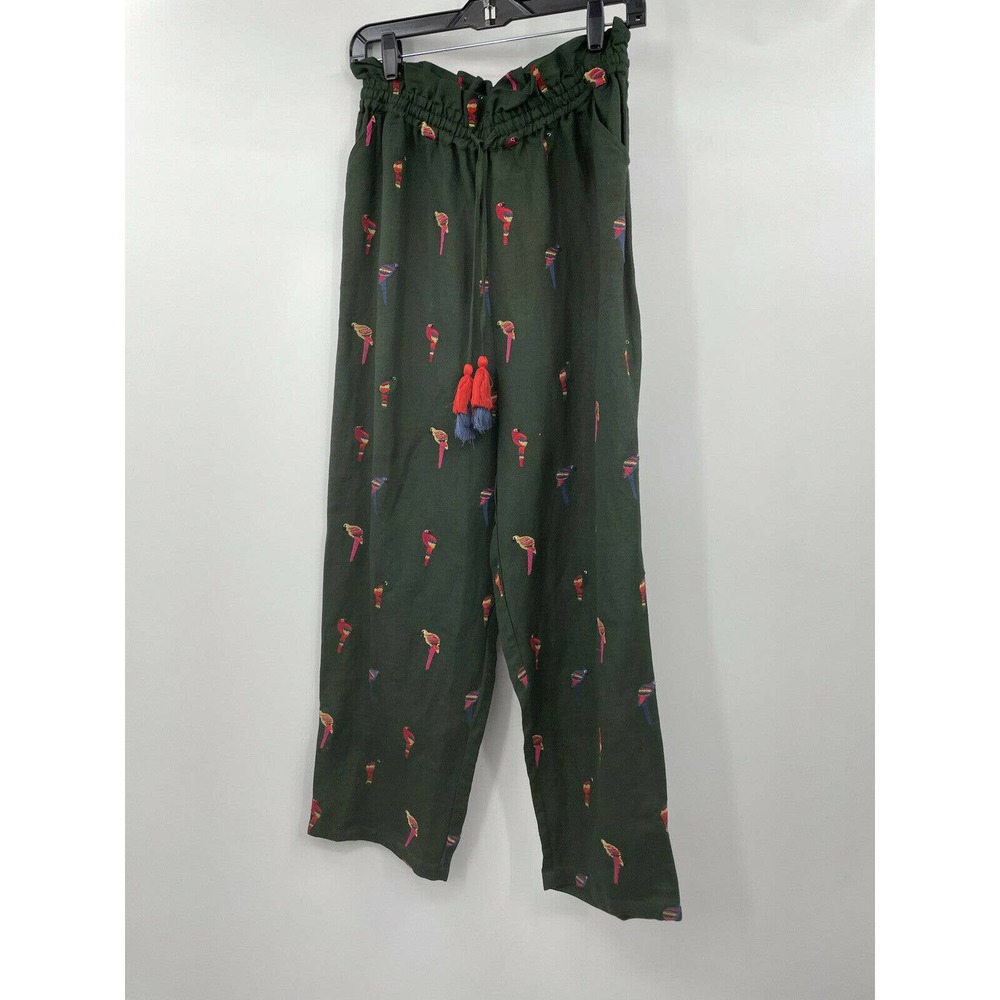 NWT Anthropologie Farm Rio Embroidered Pants Drawstring Green Linen Blend Medium